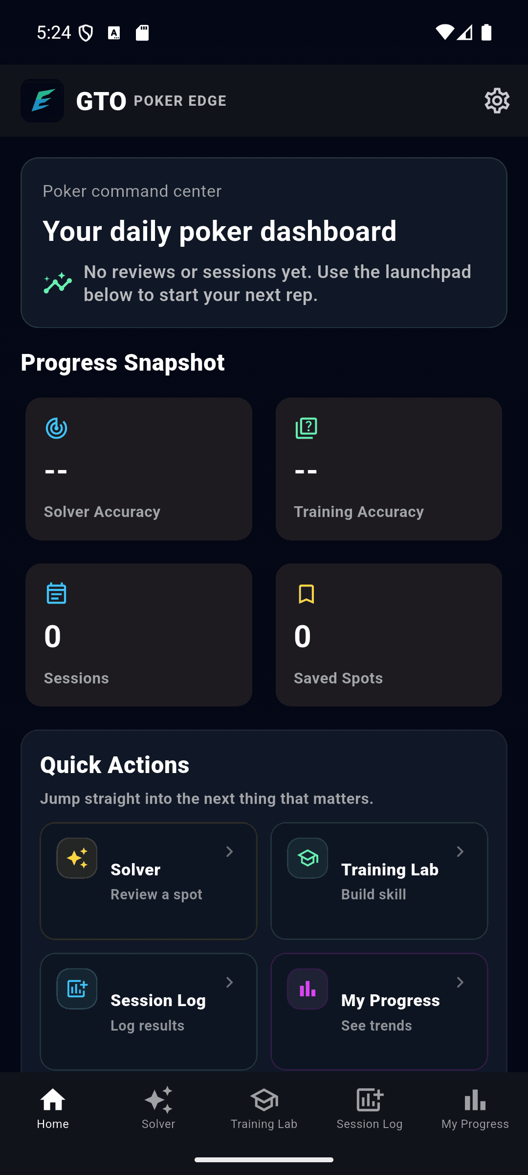 Home Dashboard preview in the GTO Poker Edge Android app