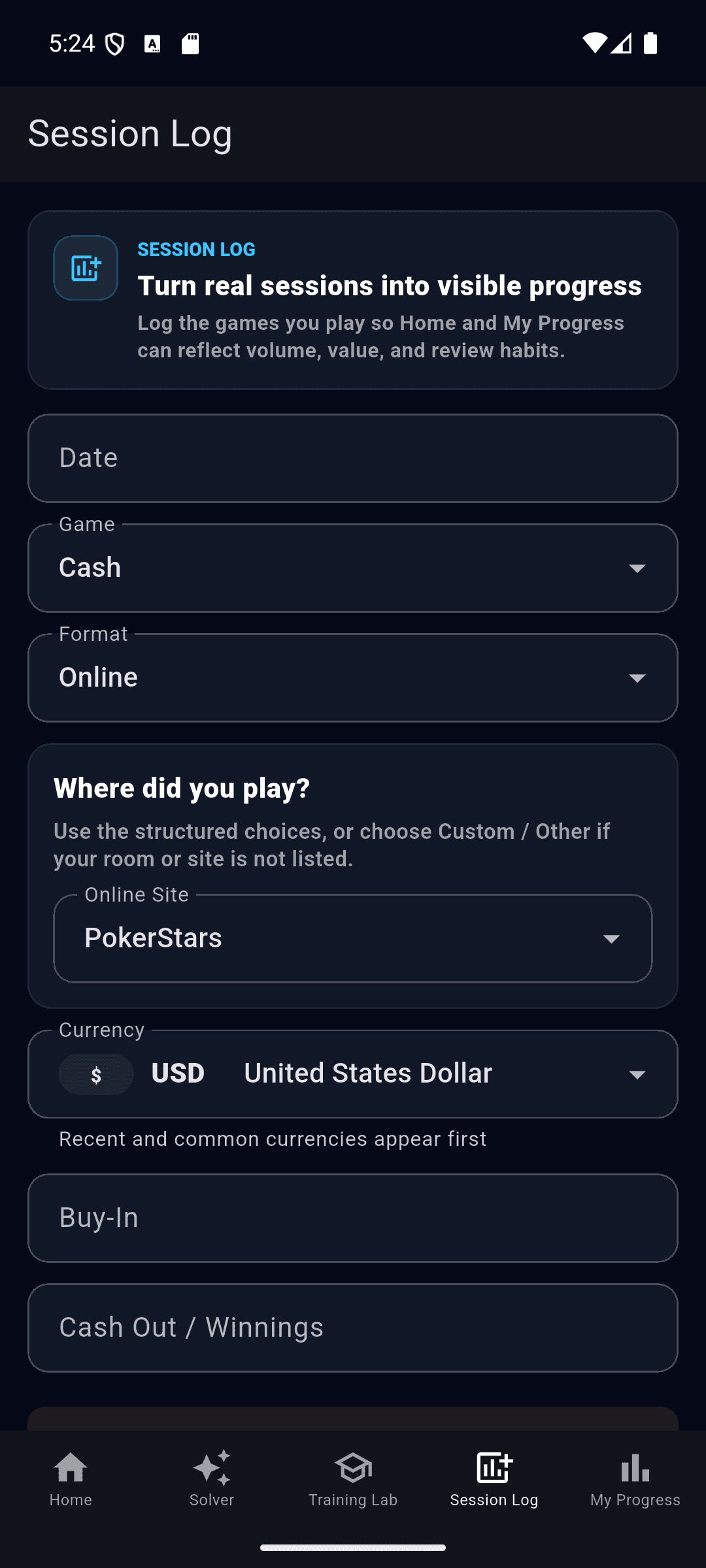 Session Log preview in the GTO Poker Edge Android app