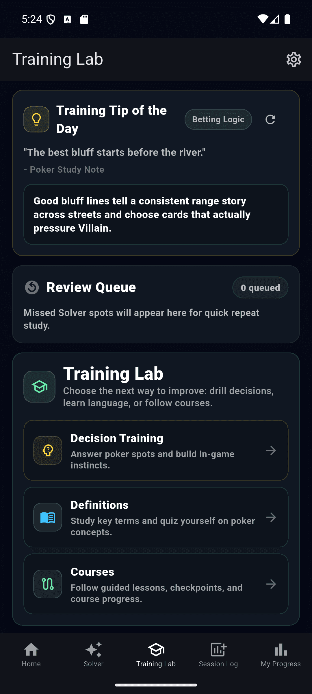 Training Lab preview in the GTO Poker Edge Android app